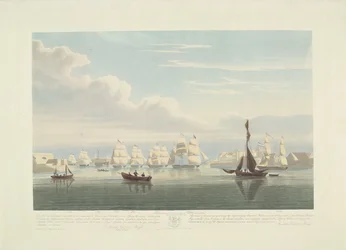 Salida de doce barcos mercantes holandeses del puerto de Portsmouth, 1833 (lámina 1) Este conjunto de tres placas que representan la salida del puerto de Portsmouth el 2.d de junio de 1833 de 12 Nederlandsche Koopvaardy Ships from Embargo descargados