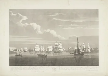 Salida de doce barcos mercantes holandeses del puerto de Portsmouth, 1833 (lámina 1) Este conjunto de tres placas que representan la salida del puerto de Portsmouth el 2.d de junio de 1833 de 12 Nederlandsche Koopvaardy Ships from Embargo descargados