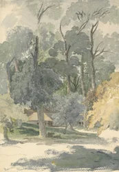 Árboles y graneros en Ashstead Park, Surrey