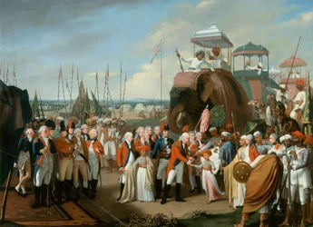 La recepción de los príncipes rehenes de Mysore por el teniente general Lord Cornwallis (1738-1805) c.1793