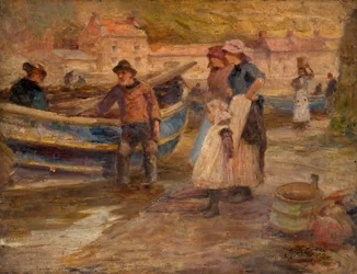 Escena del puerto con pescadores