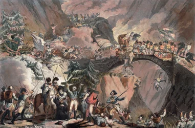 Ejército de Alexander Suvorov (Alexandre Souvorov) cruzando los Alpes en 1799 - Porter, Robert Carr (1777-1842) - 1805 - Aguatinta - 63,8x83,4 - Colección privada