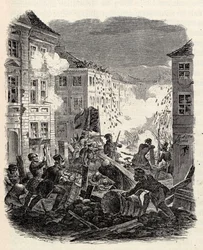 Lucha en la barricada en el Ayuntamiento de Cölln en Berlín en la noche del 18 al 19 de marzo de 1848