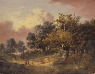 Paisaje boscoso con mujer y niño caminando por una carretera