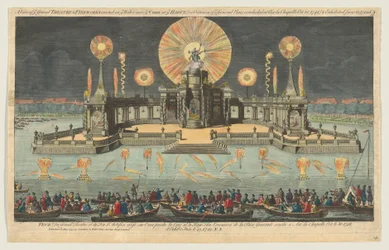 Vista del Gran Teatro y fuegos artificiales erigidos en el agua cerca de la corte en La Haya, 1794