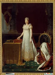 Retrato de la emperatriz María Luisa de Austria (Marie-Louise) (1791-1847), esposa de Napoleón I, representada como regente del Imperio y luciendo un conjunto de diamantes Chaumet donado por Napoleón en 1812 - Detrás de ella, un sillón de estilo Imperio