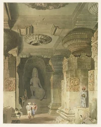 Interior del Templo de la Cueva de Indra Subba en Ellora, del Volumen II de Escenarios, Trajes y Arquitectura de la India, dibujado por David Roberts, grabado por Thomas Kearnan
