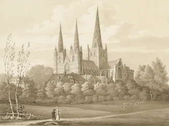 Catedral de Lichfield - Vista oeste suroeste: dibujo en sepia