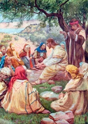 Jesús enseña a rezar a sus discípulos (litografía en color)