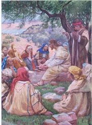 Jesús enseñando a sus discípulos a orar, de El Libro de Imágenes de la Biblia publicado por Thomas Nelson, c.1950