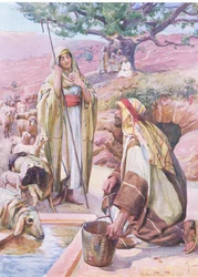 Raquel en el pozo, del Libro de Imágenes de la Biblia publicado por Thomas Nelson, c.1950