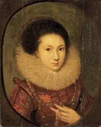 Retrato de una niña, busto, con vestido bordado escarlata y cuello de encaje