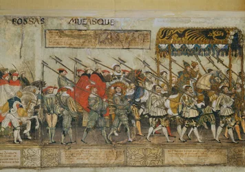 Cabalgata en celebración de la coronación del emperador Carlos V en Bolonia ...