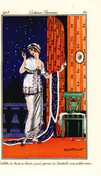 Mujer en vestido de noche de lino con lunares decorado con encaje y rosas. Toilette de nuit en linon a pois garnie de dentelle et de petites roses