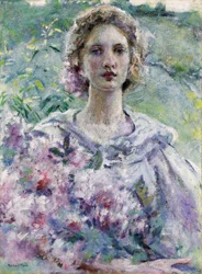 Mujer con flores. Pintura de Robert Reid (1862-1929). Óleo sobre lienzo. Colección privada.