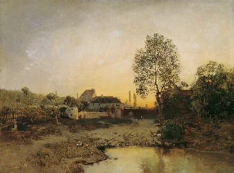 Paisaje con estanque y granjas