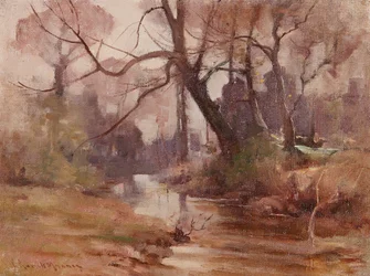 A Quiet Clearing by the River (óleo sobre lienzo)