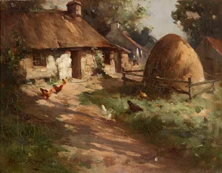 Gallinas junto a un pajar ( óleo sobre lienzo)