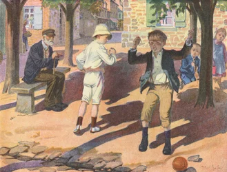 Estallido de ira de un niño mientras juega con su amigo (litografía en color)