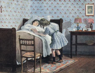 Una niña al lado de la cama de su madre enferma espera su guerra. Ilustración de Robert Salles (1871-1929) en “Yo sé leer”