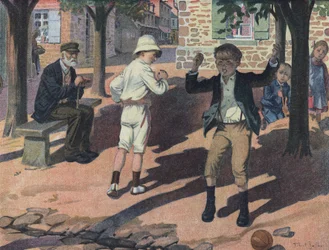 Un niño se enoja durante un juego con sus compañeros (mal jugador). Ilustración de Robert Salles (1871-1929) en “Yo sé Leer”.