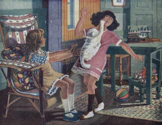 El gatito de Annette: un gato blanco araña la cara de una niña que juega con su amiga. Ilustración de Robert Salles (1871-1929) en “Yo sé Leer”.