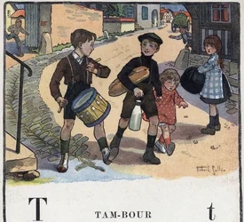 Libro infantil “Yo leeré - Alfabeto metódico y divertido por un papá” 1926. Ilustración de Robert Salles (1871-1929). Abecedario: letra T como Tambor