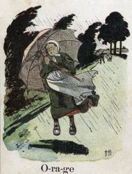 Libro infantil “Yo leeré - Alfabeto metódico y divertido por un papá” 1926. Ilustración de Robert Salles (1871-1929). “Tormenta”: una mujer en la lluvia se refugia con su paraguas.
