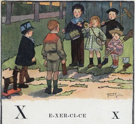 Libro infantil «Leeré - Alfabeto metódico y divertido de un papá», 1926. Ilustración de Robert Salles (1871-1929). Abecedario: letra X como ejercicio. Los niños juegan a los soldados.
