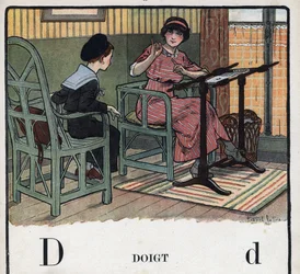 Libro infantil “Yo leeré - Alfabeto metódico y divertido por un papá” 1926. Abecedario: letra D como Dedo. Una madre explica a su hijo el bordado.