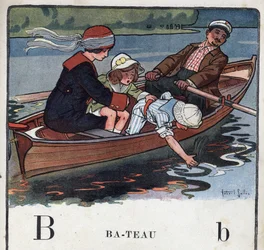 Libro infantil “Yo leeré - Alfabeto metódico y divertido por un papá” 1926. Abecedario: letra B como Barco. Una familia en un barco pasea.
