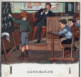 Libro infantil “Je lirai - Alphabet méthodique et amusant par un papa” 1926. Ilustración de Robert Salles (1871-1929). Abecedario: letra I como Ignorancia. Un niño recita el alfabeto en la pizarra.
