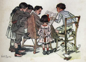 Libro infantil “Yo leeré - Alfabeto metódico y divertido por un papá” 1926. Ilustración de Robert Salles (1871-1929). Un padre de familia enseña a los niños a leer.