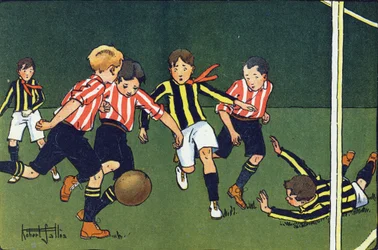 Fútbol. Grabado en "¿A qué jugamos?" de E. Weber con dibujos acuarelados de Robert Salles (1871-1929). Librería Garnier Freres, París