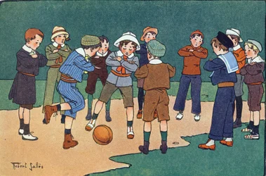 Bola alemana (juego jugado con los brazos cruzados). Grabado en "¿A qué jugamos?" por E. Weber con dibujos en acuarela de Robert Salles (1871-1929). Librairie Garnier Freres, París