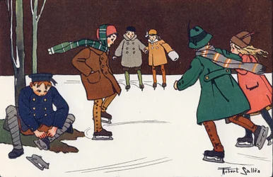 Patinaje sobre hielo. Grabado en "¿A qué jugamos?" de E. Weber con dibujos acuarelados de Robert Salles (1871-1929). Librería Garnier Freres, París