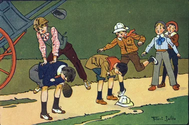 Saltar ovejas. Grabado en "¿A qué jugamos?" por E. Weber con dibujos en acuarela de Robert Salles (1871-1929). Librairie Garnier Freres, París