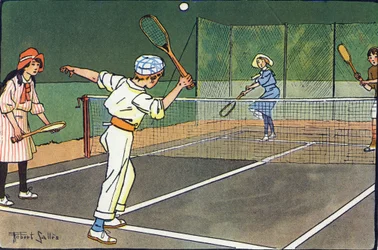 Tenis en el césped. Grabado en "¿A qué jugamos?" de E. Weber con dibujos acuarelados de Robert Salles (1871-1929). Librería Garnier Freres, París