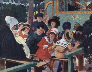Espectáculo de marionetas: Niños en el teatro de guignol son molestados por un bebé llorando. Ilustración de Robert Salles (1871-1929) en “Yo sé Leer”.