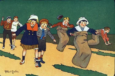 La carrera de sacos. Grabado en "¿A qué jugamos?" de E. Weber con dibujos acuarelados de Robert Salles (1871-1929). Librería Garnier Freres, París