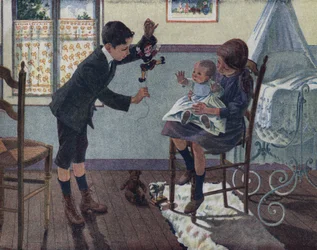 La educación del hermanito: en una habitación, un bebé sentado en el regazo de su hermana mayor mira la marioneta que su hermano despierta. Ilustración de Robert Salles (1871-1929) en “Yo sé Leer”.