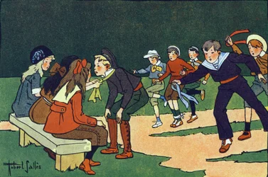 El gymkhana (carrera en un circuito de prueba con árbitros). Grabado en "¿A qué jugamos?" por E. Weber con dibujos en acuarela de Robert Salles (1871-1929). Librairie Garnier Freres, París