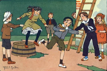 La madre con mermeladas. Grabado en "¿A qué jugamos?" por E. Weber con dibujos en acuarela de Robert Salles (1871-1929). Librairie Garnier Freres, París