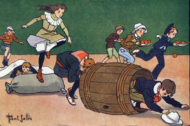 La carrera de obstáculos. Grabado en "¿A qué jugamos?" de E. Weber con dibujos acuarelados de Robert Salles (1871-1929). Librería Garnier Freres, París.