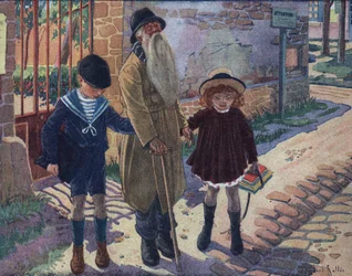 El bastón del ciego: dos niños ayudan a un anciano ciego a caminar. Ilustración de Robert Salles (1871-1929) en “Je sais Lire”.