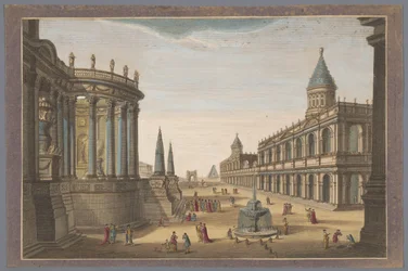 Vista del Templo de Vesta, la Pirámide de Cestio y otros edificios en Roma Roma en su esplendor original (título sobre objeto)