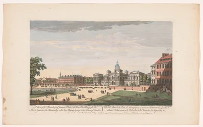 Vista del Desfile de la Guardia a Caballo en Londres con la partida de Jorge II Augusto, Rey de Gran Bretaña, a la Cámara de los Lores Una vista del desfile de St. James Park, los nuevos edificios para los guardias a caballo, el Almirantazgo con Su Majesta
