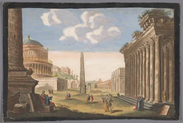 Vista de las ruinas de la Columna de Trajano, el Arco de Constantino y otros monumentos en Roma Ruinas de la antigua Roma (título sobre el objeto)