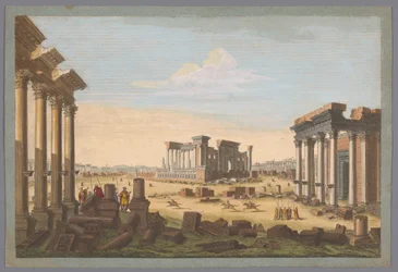 Vista de las ruinas de los monumentos de Palmyra vistas desde el noroeste Una perspectiva general de Palmira desde el noroeste (título sobre objeto)