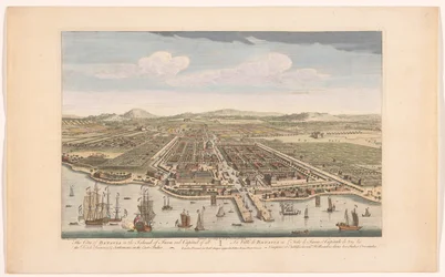 Gezicht en la ciudad de Batavia La ciudad de Batavia en la isla de Java y capital de todas las fábricas y asentamientos holandeses en las Indias Orientales (título sobre el objeto) Nederzettingen van de VOC (título de la serie)